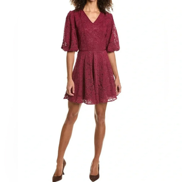 NWT Rachel Parcell V-Neck Puff Sleeve Mini Dress Wine Red Size 0 - Picture 1 of 12